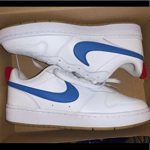 red, white, and blue air force 1s